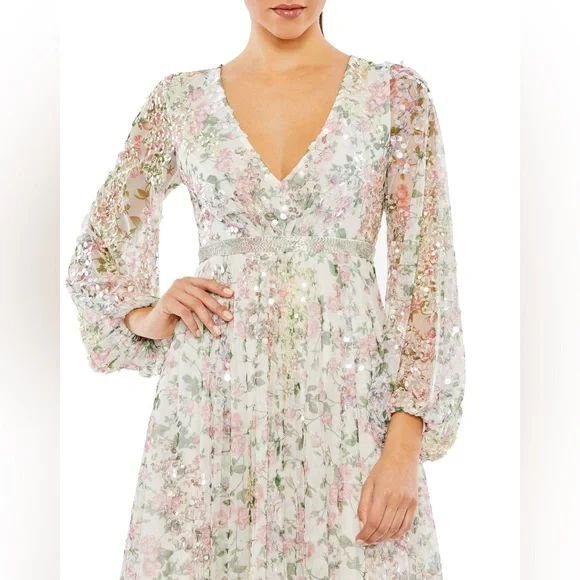 Mac Duggal Floral Midi Dress - White and Pink - Picture 3 of 16